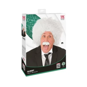 Einstein perika i brkovi. Karnevalska perika i brkovi za odrasle na poznatog fizičara Alberta Einsteina. Savršena je za maskiranje, lude partije, proslave Halloweena ili karnevalske povorke.