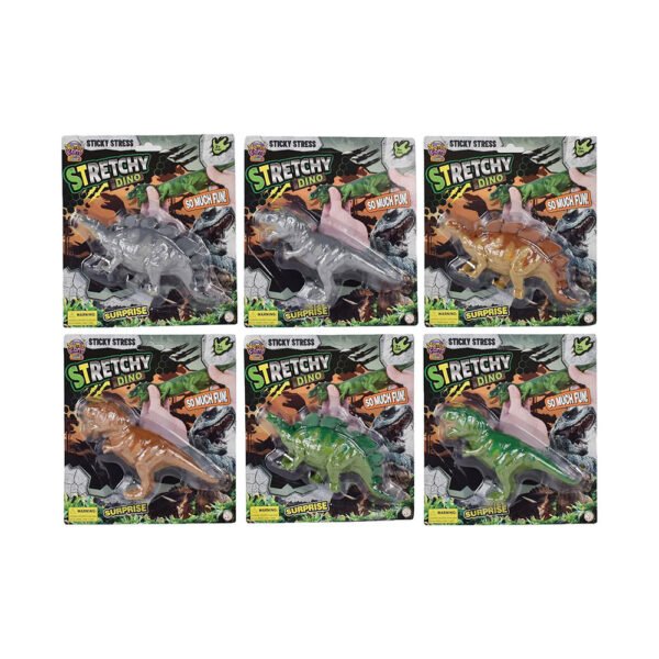 Rastezljivi dinosaur je zabavna i fleksibilna igračka dimenzija 11x4x15 cm, dostupna u zelenoj, smeđoj i sivoj boji. Pakiranje dimenzija 20x5x22 cm. Siguran proizvod za djecu 3+ u skladu s EU normama.