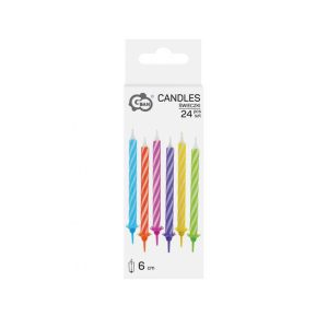Svjećice Rođendan Color 24 kom u šarenim spiralnim bojama unose veselje u svaku proslavu! U pakiranju dolazi 24 svjećice u 6 boja i 12 nastavaka za jednostavno postavljanje na tortu.