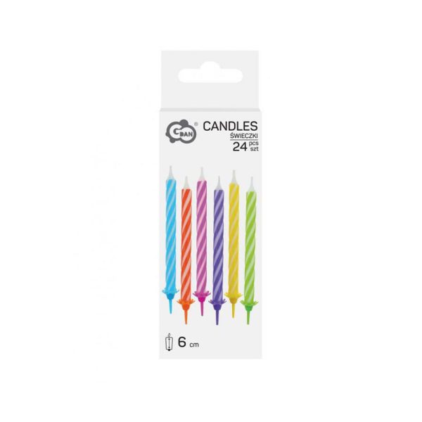 Svjećice Rođendan Color 24 kom u šarenim spiralnim bojama unose veselje u svaku proslavu! U pakiranju dolazi 24 svjećice u 6 boja i 12 nastavaka za jednostavno postavljanje na tortu.