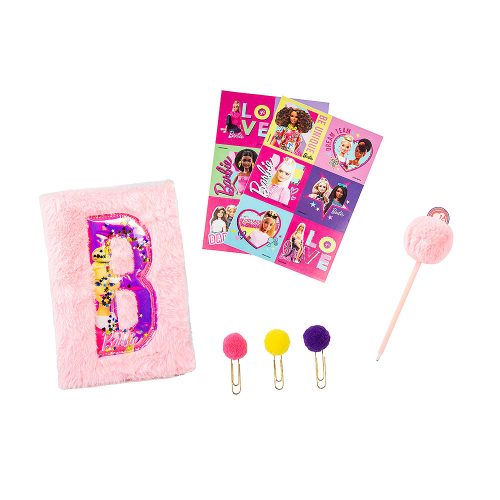 Barbie plišani dnevnik sa šljokicama, kemijska s pom pomom, naljepnice i 3 spajalice s pom pomovima. Savršeno za pisanje, crtanje i kreativnost.