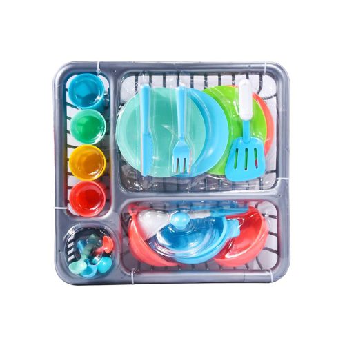 posuđe-1 Kuhinjsko posuđe sa cijedilom zabavan je set igračaka za djecu koji uključuje razne kuhinjske dodatke – lonac, tavicu, cjedilo, špatulu, zaimaču, tanjure, čaše, žlice i vilice. Sigurno za djecu 3+ godine.