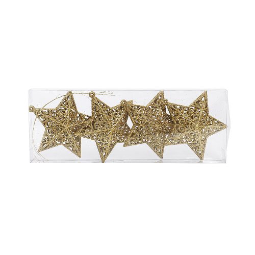 Set od 4 božićne zlatne zvijezde s dekorativnim izdubljenim uzorkom i glitter sjajem. Elegantne i blistave, savršene su za božićno drvce, vijence, aranžmane i stolne dekoracije. U pakiranju se nalazi zlatna špagica za jednostavno vješanje.