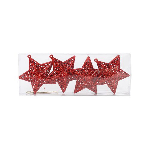 Set od 4 crvene božićne zvijezde s elegantnim izdubljenim uzorkom i sjajnim glitter efektom. Savršene za ukrašavanje božićnog drvca, vijenaca i blagdanskih aranžmana. U pakiranju se nalazi i zlatna špagica za jednostavno vješanje.
