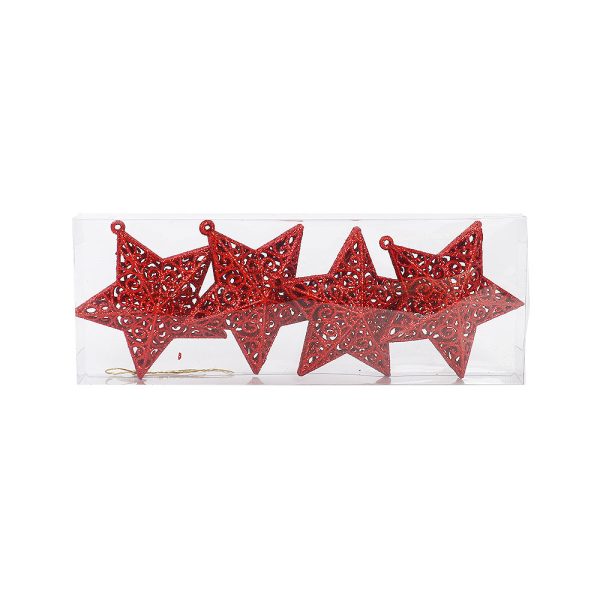 Set od 4 crvene božićne zvijezde s elegantnim izdubljenim uzorkom i sjajnim glitter efektom. Savršene za ukrašavanje božićnog drvca, vijenaca i blagdanskih aranžmana. U pakiranju se nalazi i zlatna špagica za jednostavno vješanje.