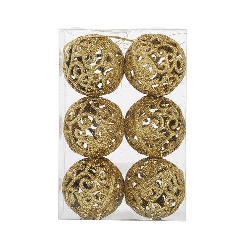 Kuglice zlatne izdubljene - Set od 6 zlatnih božićnih kuglica s dekorativnim izdubljenim uzorkom, promjera 5 cm. Dolaze s praktičnim špagicama za vješanje i idealne su za ukrašavanje božićnog drvca, aranžmana i blagdanskog interijera.