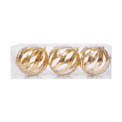 Set od 3 zlatne božićne kuglice promjera 8 cm s elegantnim spiralnim uzorkom i bogatim šljokicama. Donose dašak glamura, topline i svečanosti svakom božićnom drvcu ili blagdanskoj dekoraciji.