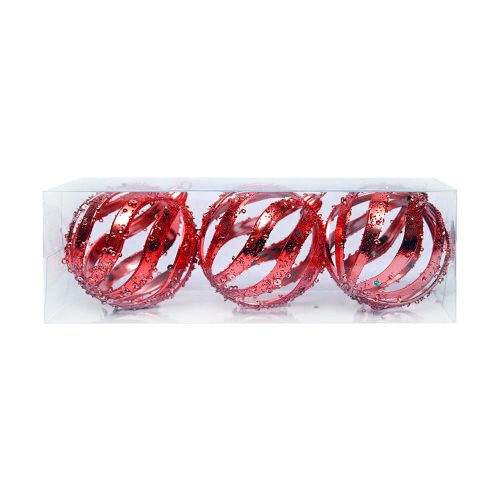 Set od 3 crvene božićne kuglice promjera 8 cm s predivnim spiralnim uzorkom i šljokicama. Luksuzan sjaj i profinjen dizajn unose toplinu i blagdanski duh u svaki dom. Idealne za bor, vijence i svečane aranžmane.