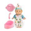 Preslatka lutka Cute Baby dolazi u kompletu s čak 5 dodataka za brigu o bebi! Ova lutka omogućava djeci da se užive u ulogu brižnih roditelja, kroz igru hranjenja, presvlačenja i njege. U setu se nalazi lutka visine 22 cm, bočica, tanjurić, žličica i kahlica. Dostupna su 2 modela u različitim kombinacijama boja i odjeće.