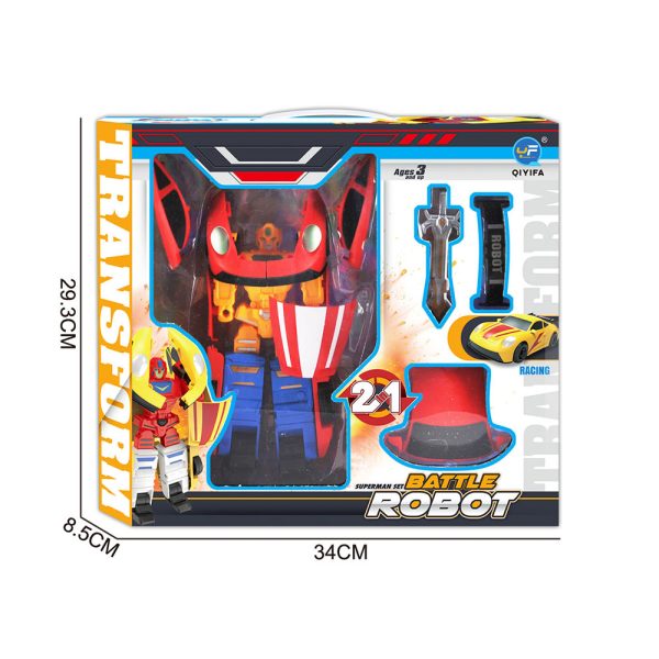 Robot Transform Battle Car 2 u 1 – pretvori automobil u moćnog robota! Dostupan u 4 boje: crvena, plava, zelena i žuta. Dimenzije pakiranja 34×30×8,5 cm. Sigurna igračka za djecu 3+ godine, izrađena prema EU normama.