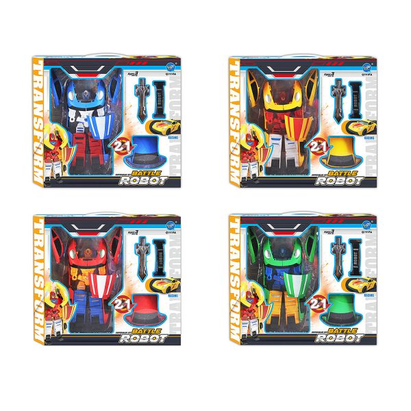 Robot Transform Battle Car 2 u 1 – pretvori automobil u moćnog robota! Dostupan u 4 boje: crvena, plava, zelena i žuta. Dimenzije pakiranja 34×30×8,5 cm. Sigurna igračka za djecu 3+ godine, izrađena prema EU normama.