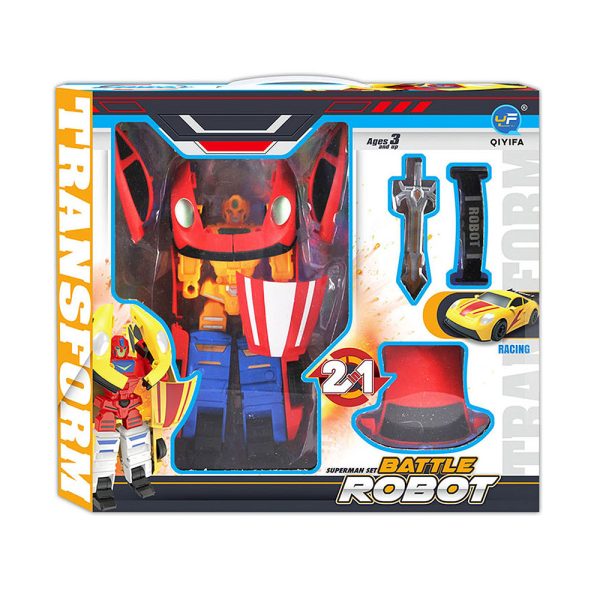 Robot Transform Battle Car 2 u 1 – pretvori automobil u moćnog robota! Dostupan u 4 boje: crvena, plava, zelena i žuta. Dimenzije pakiranja 34×30×8,5 cm. Sigurna igračka za djecu 3+ godine, izrađena prema EU normama.