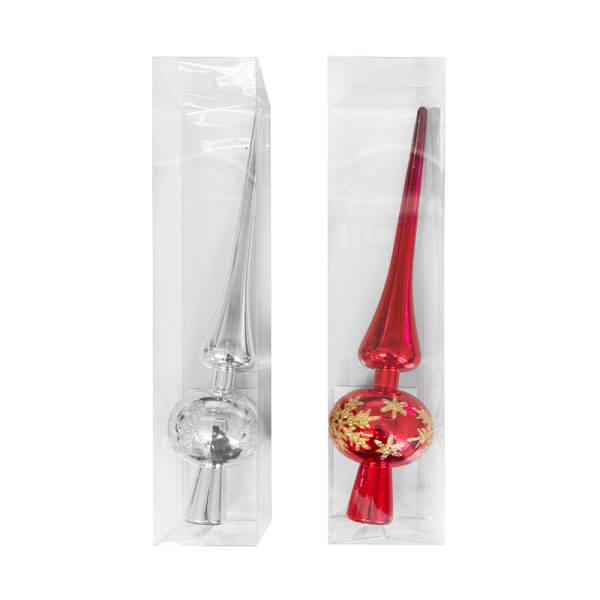 Predivan vrh za bor u dvije boje – srebrnoj i crvenoj – izrađen od laganog i sjajnog materijala, dolazi u elegantnom PVC pakiranju. Dimenzije proizvoda: 28 x 6 cm. Klasičan oblik s kuglom i šiljkom daje završni dodir svakoj božićnoj jelki.
