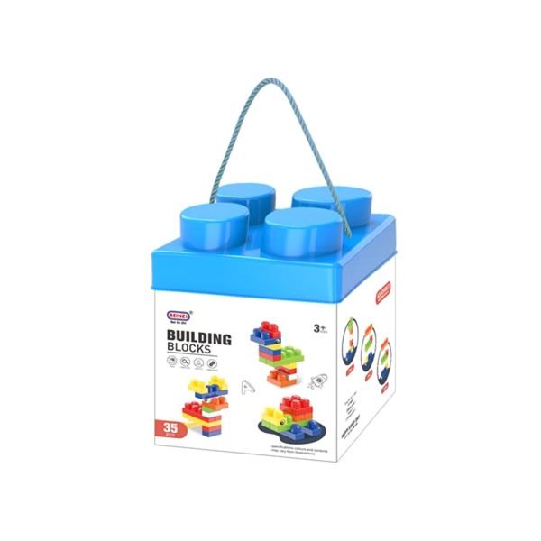Kocke Building Blocks Medium – plava kutija s 35 komada šarenih kocaka. Za djecu 3+ godine. Sigurne, kvalitetne i idealne za razvoj kreativnosti i motorike.