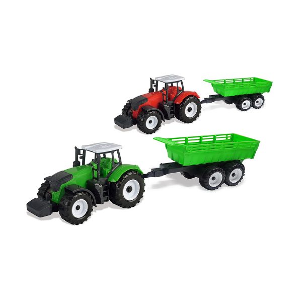Traktor Farmer sa prikolicom – crveni ili zeleni model. Traktor 21 cm, prikolica 23 cm. Ukupna dužina 46 cm. Idealno za male farmere!