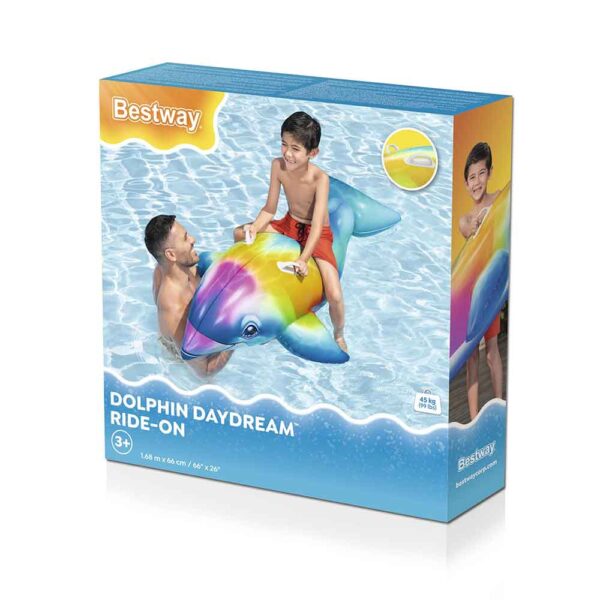 Jahajući delfin Bestway za djecu 3+ godina. Napuhani delfin s ručkama, nosivost do 54 kg – idealan za bazen i more.