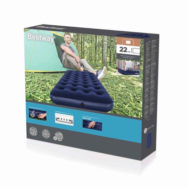 Bestway Air Mattress Twin dimenzija 188x99x22 cm udoban je madrac na napuhavanje za kampiranje, goste ili kućnu upotrebu. S plišanom površinom, Coil Beam konstrukcijom i uključenom zakrpom za popravak.