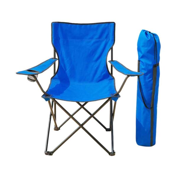Sklopiva kamping stolica s čvrstom metalnom konstrukcijom, držačem za piće i torbom za nošenje. Dimenzije stolice su 80 x 80 x 40 cm. Idealna za plažu, kampiranje, ribolov, vrt i izlete u prirodu.