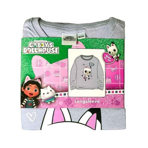 Majica dugih rukava Gabby's Dollhouse izrađena je od 100% pamuka. Dolazi u svijetloljubičastoj boji, s velikim motivom mačka Pandyja i ukrasnim srcima. Dostupna je u veličinama 98/104, 110/116 i 122/128.