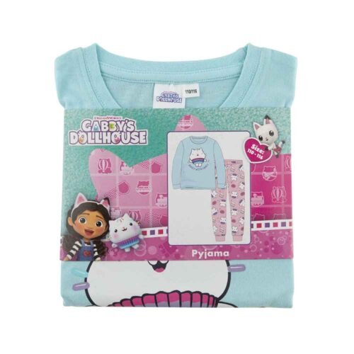 pidzama-gabby Pidžama Gabby's Dollhouse izrađena je od 100% pamuka i pruža udobnost tijekom cijele noći. Komplet uključuje majicu dugih rukava i duge hlače s veselim motivima iz popularne DreamWorks serije, a dostupan je u veličinama 98/104, 110/116 i 122/128.