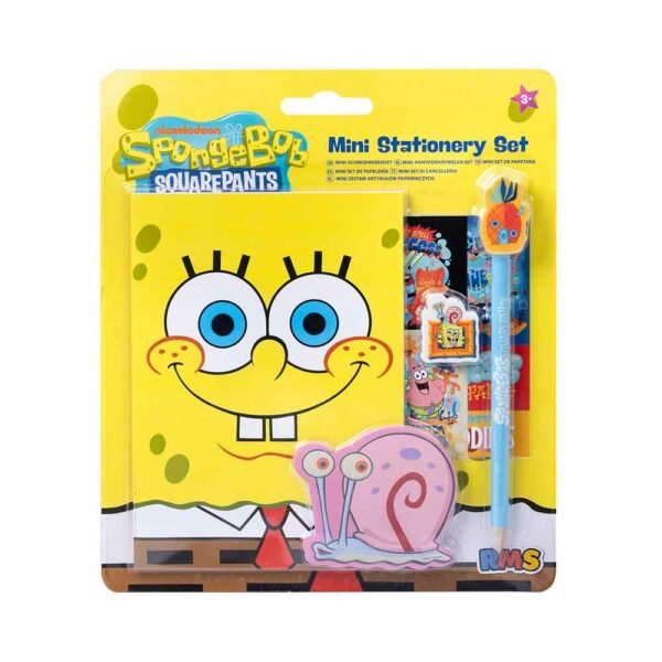 Spužva Bob Skockani mini set za pisanje sadrži blok za bilješke, olovku, gumicu, ravnalo i naljepnice s motivima omiljenih likova iz crtića. Idealan je za školu, putovanja, crtanje i kreativno izražavanje djece starije od 3 godine.