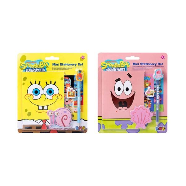 Spužva Bob Skockani mini set za pisanje sadrži blok za bilješke, olovku, gumicu, ravnalo i naljepnice s motivima omiljenih likova iz crtića. Idealan je za školu, putovanja, crtanje i kreativno izražavanje djece starije od 3 godine.