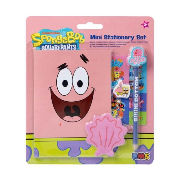 Spužva Bob Skockani mini set za pisanje sadrži blok za bilješke, olovku, gumicu, ravnalo i naljepnice s motivima omiljenih likova iz crtića. Idealan je za školu, putovanja, crtanje i kreativno izražavanje djece starije od 3 godine.