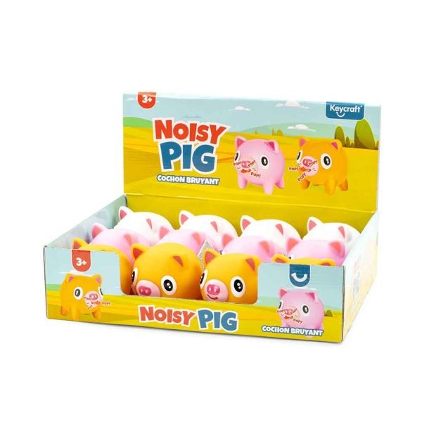 Simpatični Noisy Pig prilikom stiskanja trbuščića isplazi jezik i proizvede smiješan zvuk. Mekana senzorna igračka dostupna je u ružičastoj, bijeloj i žutoj boji. Baterije nisu potrebne, a namijenjena je djeci od 3 godine. Dimenzije su približno 10,5 × 9,5 × 9 cm.