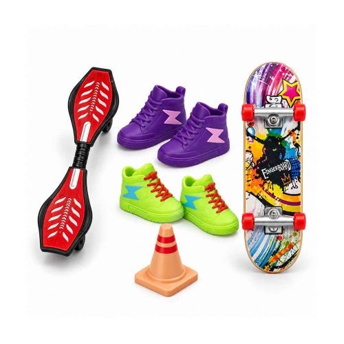 Mini Finger Skate set Doodle sa 7 dijelova sadrži fingerboard, waveboard, dva para mini tenisica i prometni čunj. Zabavan komplet za izvođenje trikova prstima, razvoj spretnosti i stvaranje vlastitog mini skate parka. Preporučena dob: 3+. Dimenzije pakiranja: 28 × 15,3 × 3,5 cm.