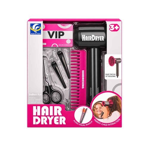 frizerski-set-hair-dryer-2 Dječji frizerski set sa sušilom koje ima zvučne i svjetlosne efekte te dodatnim priborom za igru frizera. Dostupan je u dvije varijante – s priborom za šišanje i oblikovanje ili priborom za zamišljeno bojanje kose. Dimenzije pakiranja su približno 25 × 21,5 × 7 cm. Za djecu od 3 godine.