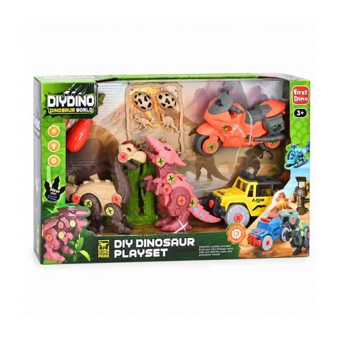 DIY set s dvije figure dinosaura, dva vozila, dječjim odvijačima i dodacima. Dostupan je u dva modela uz mogućnost odabira. Dimenzije pakiranja iznose 46 × 26 × 9,5 cm. Za djecu od 3 godine.