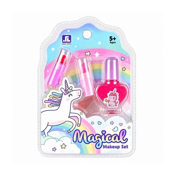 Dječji set šminke Magical sadrži dva ruža u crvenoj i ružičastoj nijansi te ružičasti svjetlucavi lak za nokte u bočici u obliku srca. Komplet je ukrašen motivom jednoroga i namijenjen djeci od 5 godina. Dimenzije pakiranja: 14 × 10 × 3,5 cm.
