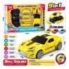 Žuti frikcijski auto DIY Puzzle Car s prikazom dijelova i dimenzija pakiranja 31 × 21 × 5 cm
