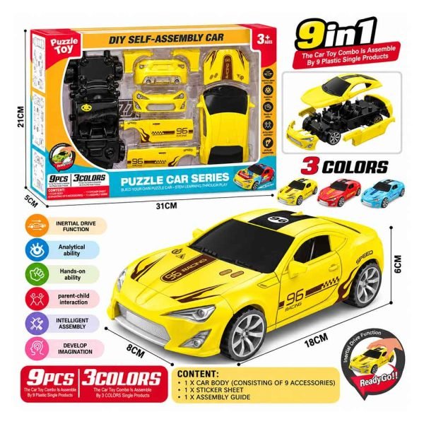 Žuti frikcijski auto DIY Puzzle Car s prikazom dijelova i dimenzija pakiranja 31 × 21 × 5 cm