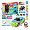Višebojni DIY Puzzle Car s prikazom sastavljanja, naljepnica i dimenzija auta 18 × 8 × 6 cm
