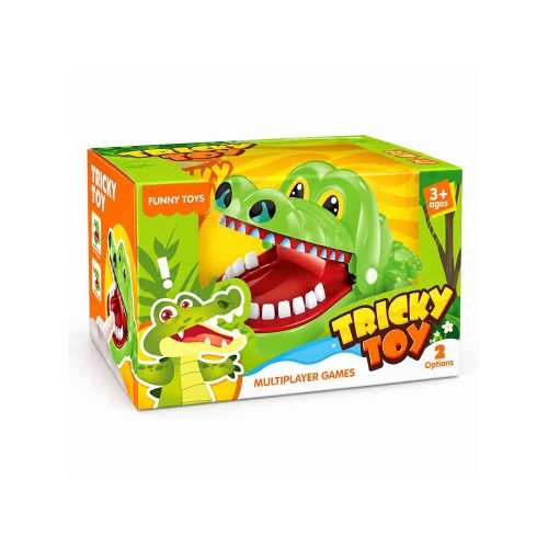 Zeleno-žuta kartonska kutija igre Krokodil Tricky Toy s ilustracijom krokodila i dobnom oznakom 3+