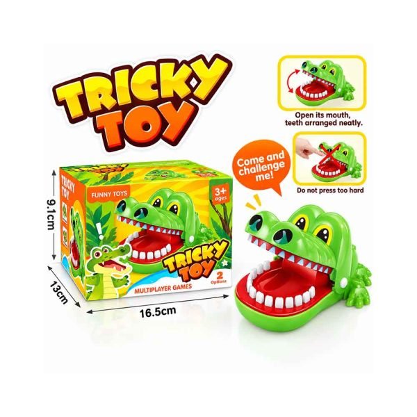 Igra Krokodil Tricky Toy uz pakiranje dimenzija 16,5 × 13 × 9,1 cm i prikaz pritiskanja zuba
