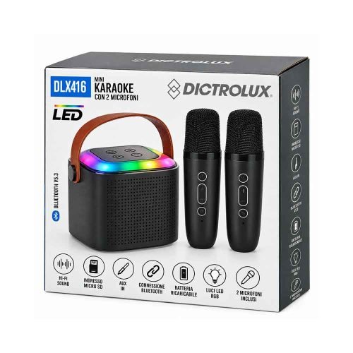 mini-karaoke-set-dictrolux-dlx416-pakiranje.jpg Mini karaoke set Dictrolux DLX416 s crnim zvučnikom i dva mikrofona u pakiranju