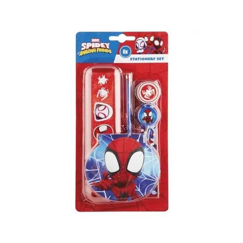 Školski set Spidey 6 dijelova u crveno-plavom dizajnu, prikazan u pakiranju