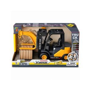 Žuto-crni viličar igračka Strong Truck s vilicama, krakom s kukom i teretom u originalnom pakiranju