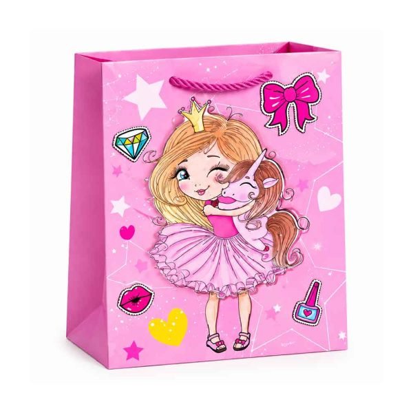 Ružičasta poklon vrećica Girl Fashion 30 × 42 cm s djevojčicom i jednorogom