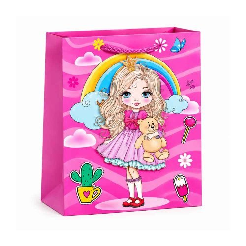 poklon-vrecica-girl-fashion-medvjedic-duga Poklon vrećica Girl Fashion 30 × 42 cm s djevojčicom, medvjedićem i dugom