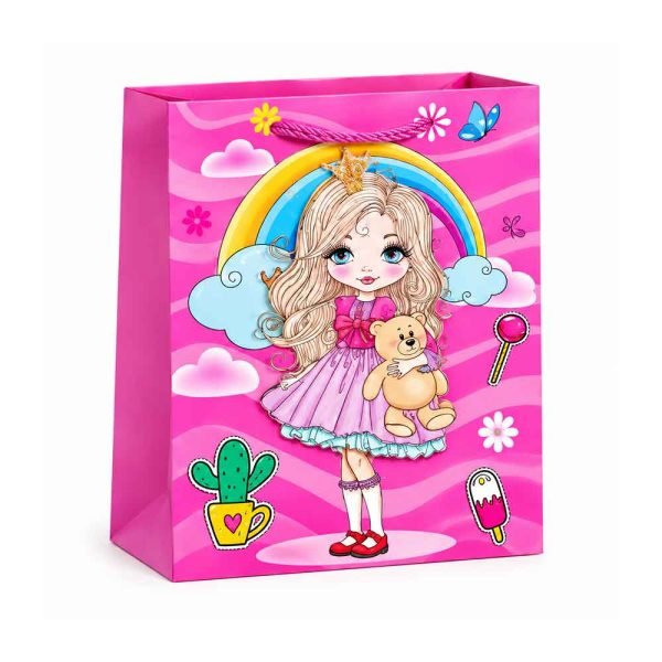 Poklon vrećica Girl Fashion 30 × 42 cm s djevojčicom, medvjedićem i dugom